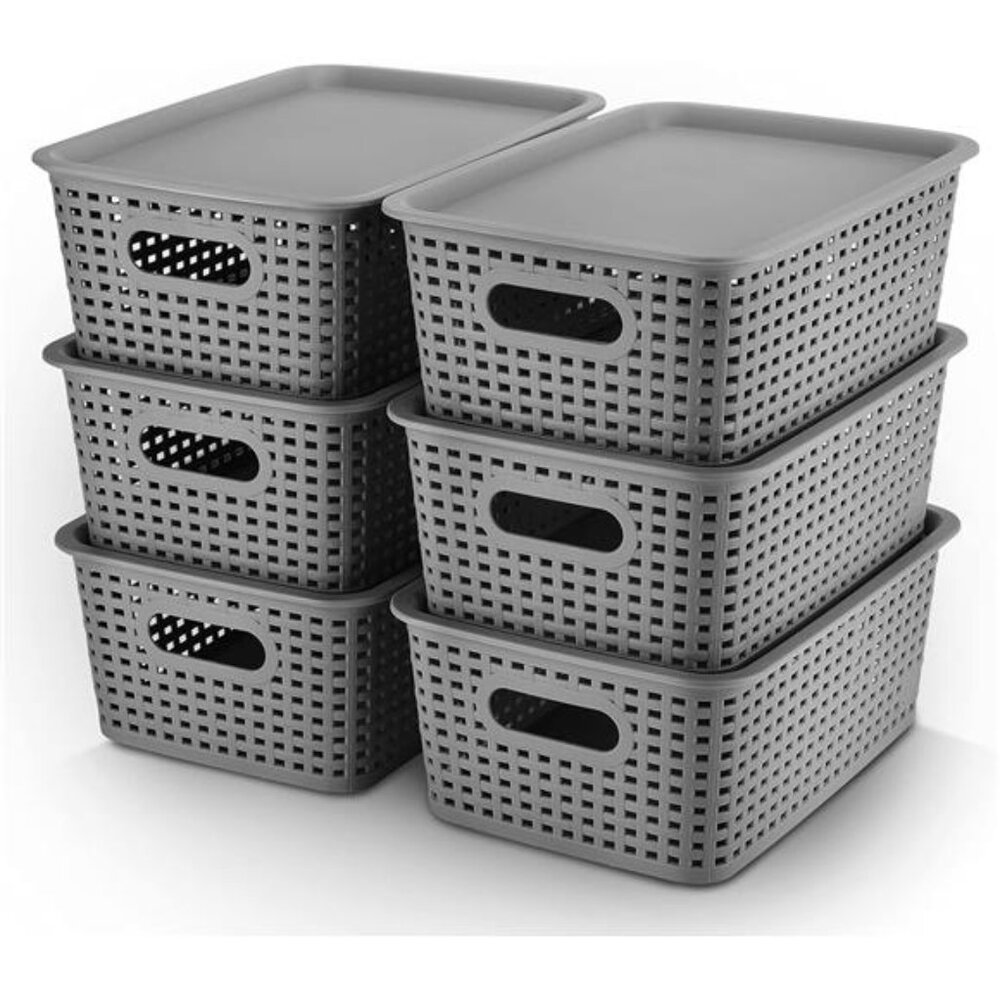 Plastic Storage Baskets Bins With Lid Organizing Container Lidded Knit Storage